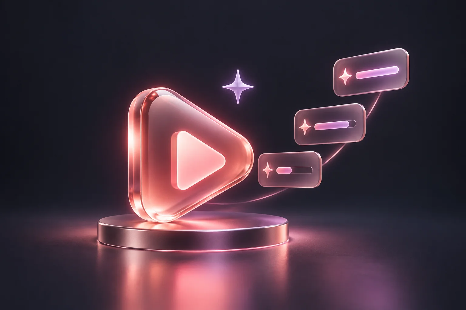 A pink glass play button with floating progress bars and stars